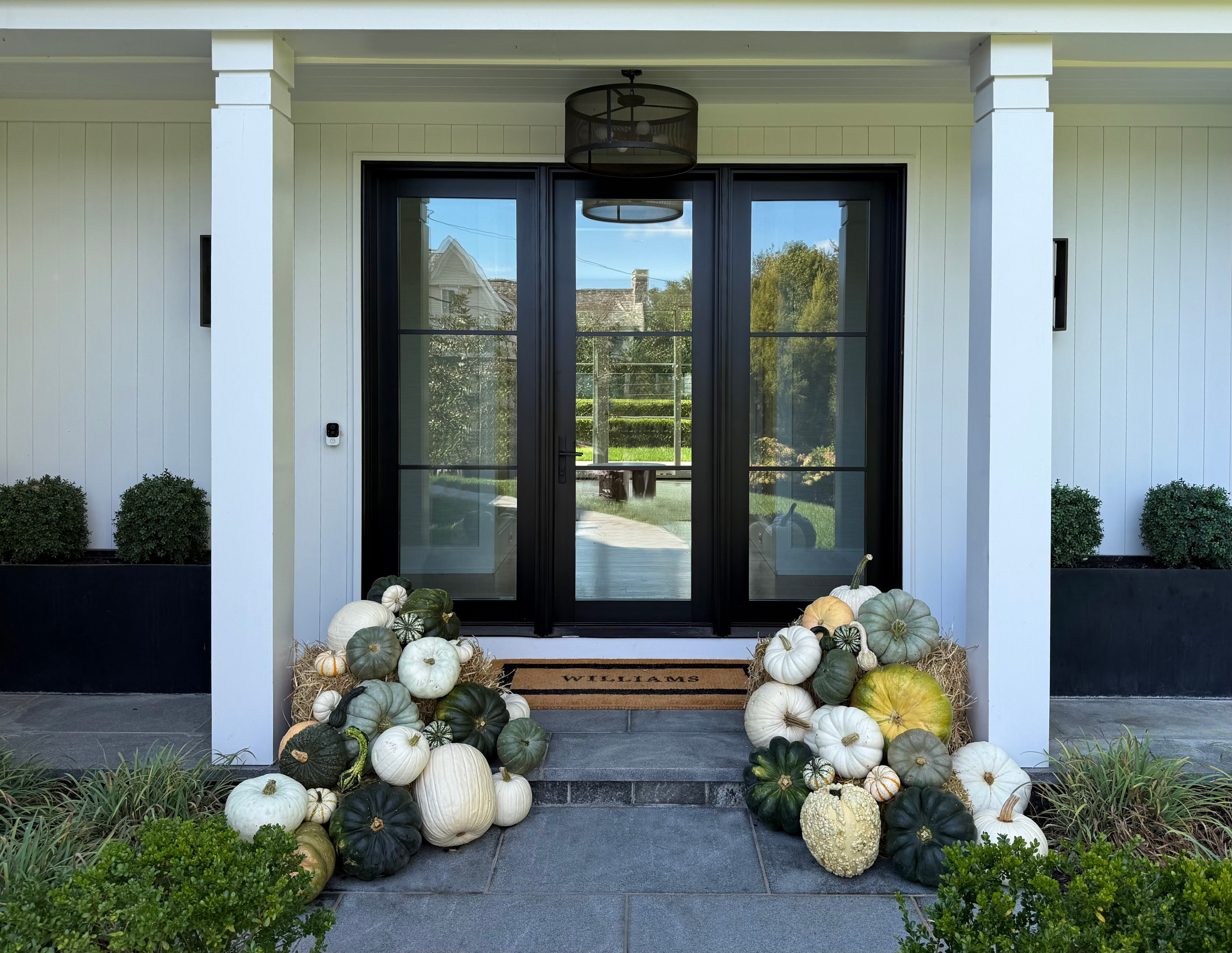 Decorative arrangement of pumpkins and gourds on a front porch with a black door and white columns in Westport Fairfield County CT Connecticut