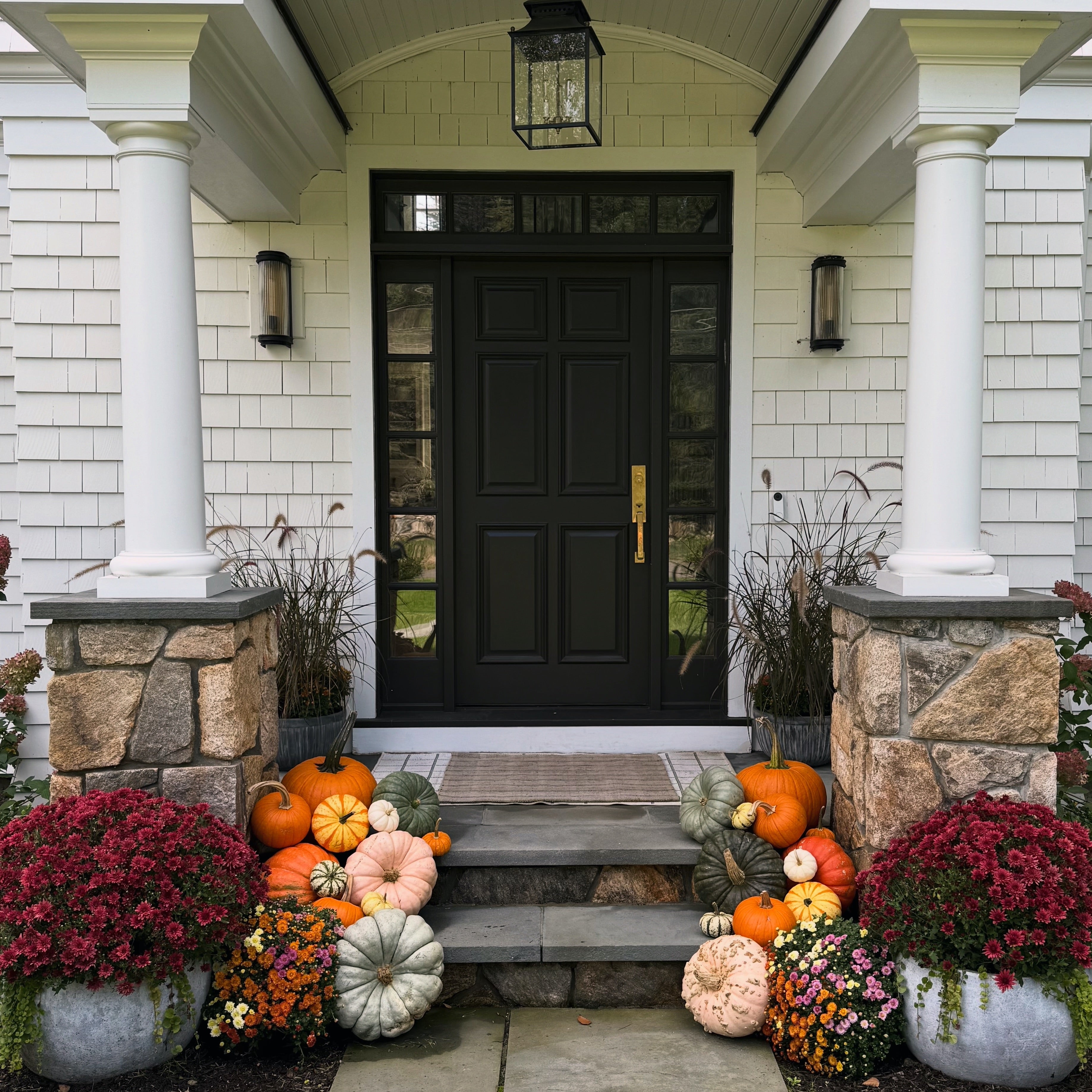Front porch with black door, stone columns, and autumn decorations including pumpkins and flowers in Westport Connecticut Fairfield County